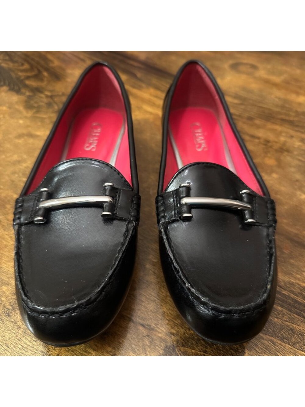 Chaps Womens Black Loafers W/ Silver Buckle Accent Size 8M Faux Leather Upper Cu